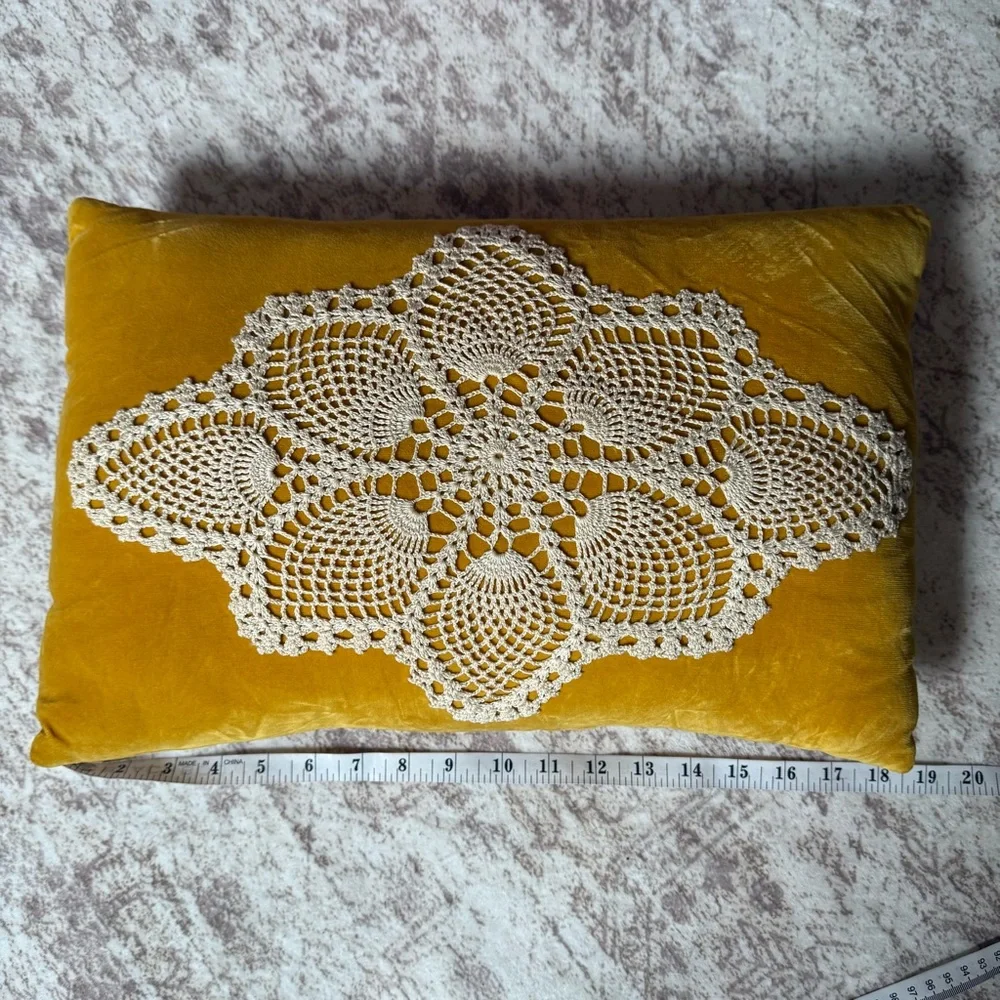 Cottagecore Boho Velvet Doily Throw Pillow Yellow